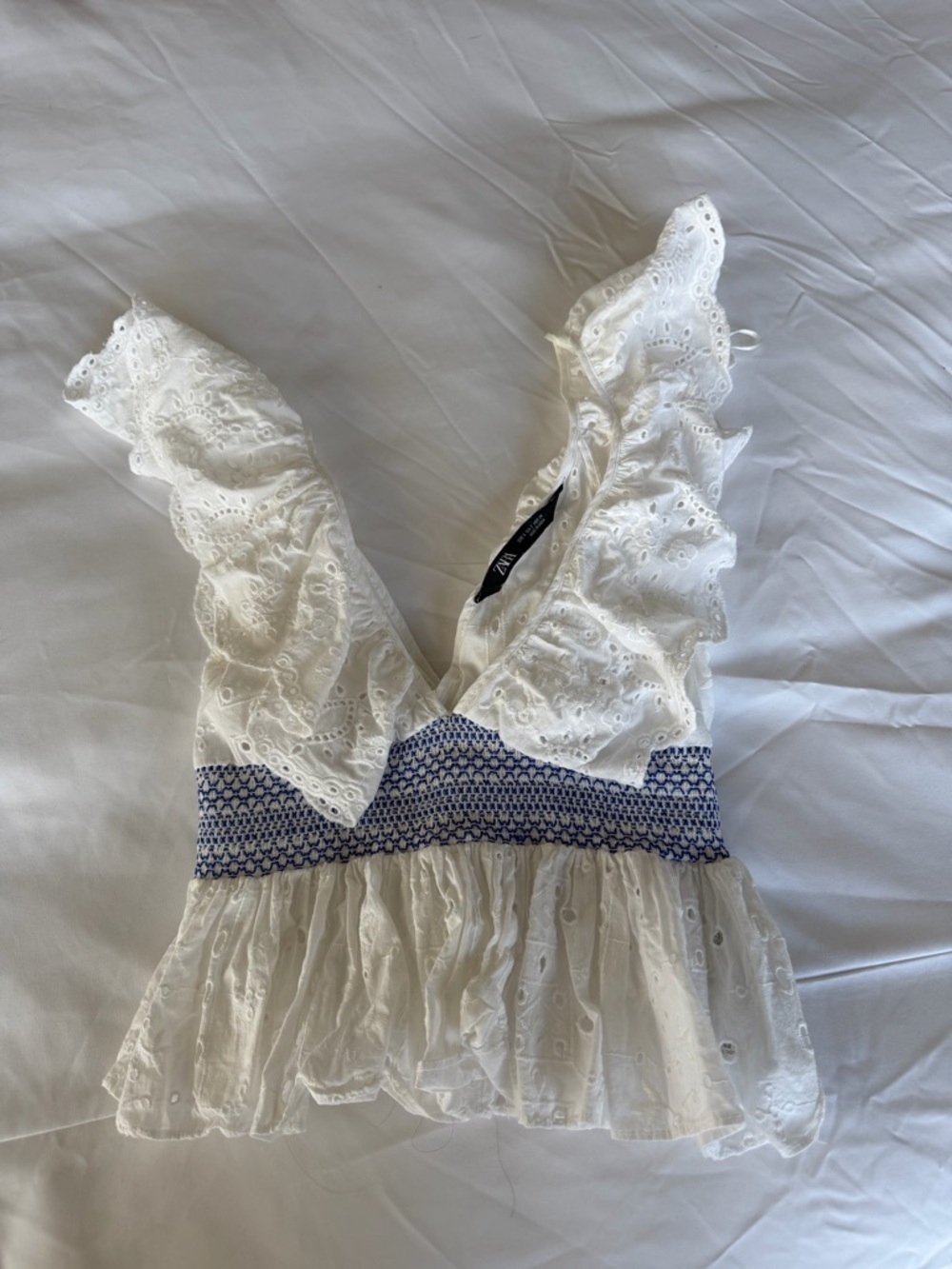 Zara White Eyelet Ruffle Tank with Blue Smocked Waist